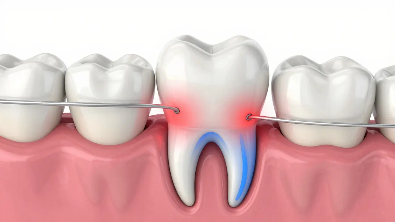 Schematické zobrazení tlaku na zubní kořen a vazivo