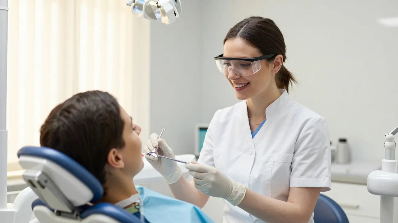 Dentální hygienista vysvětluje péči o zuby pacientovi v ordinaci