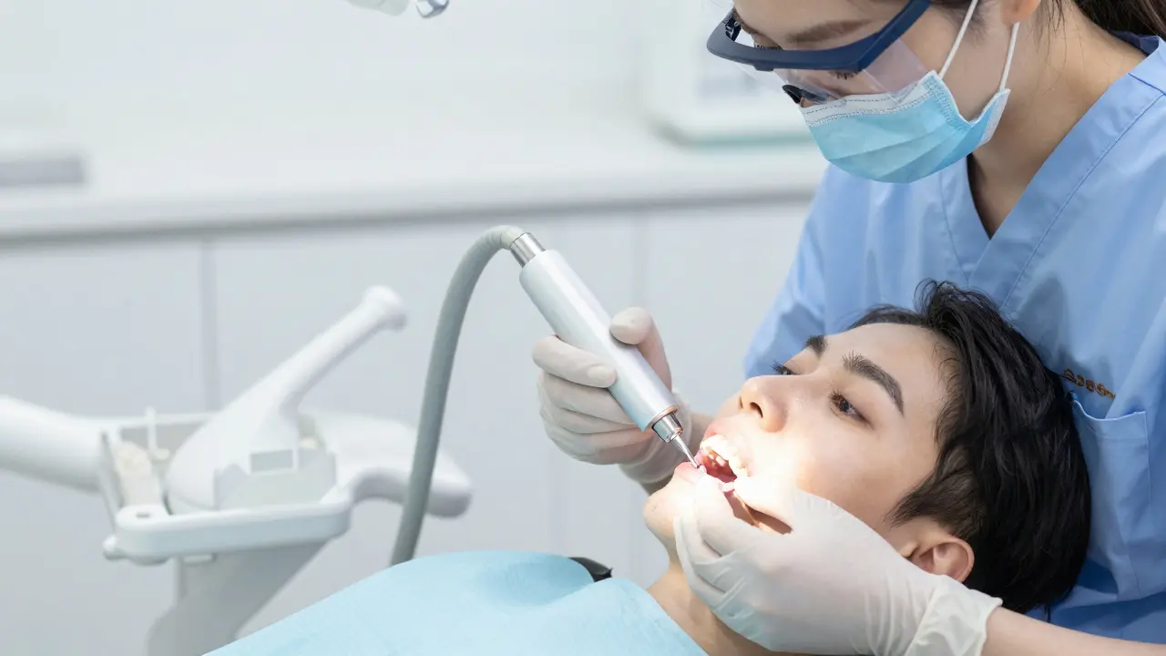 Dentální hygienistka provádí pískování zubů u pacienta
