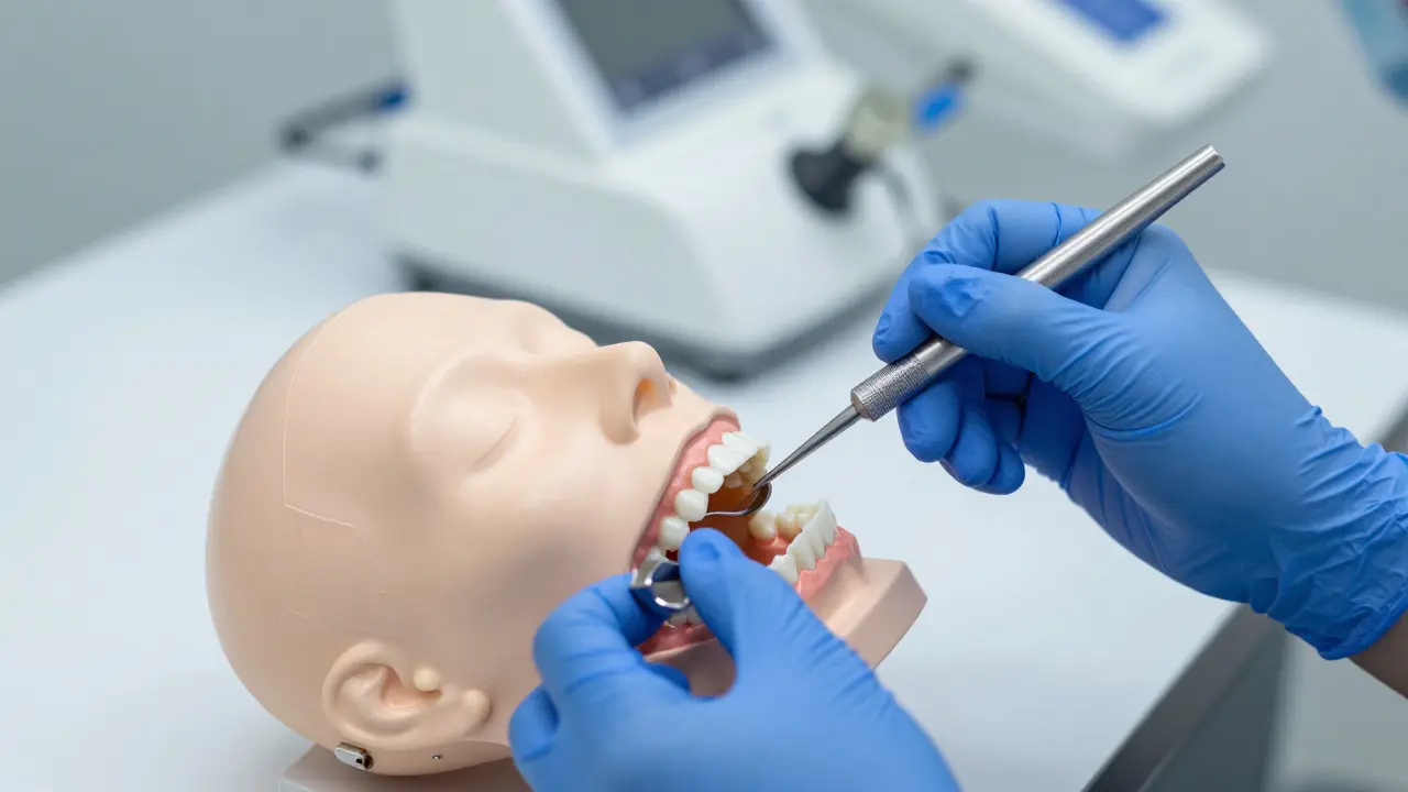 Ruce v rukavicích cvičí čištění zubů na modelu v klinické laboratoři