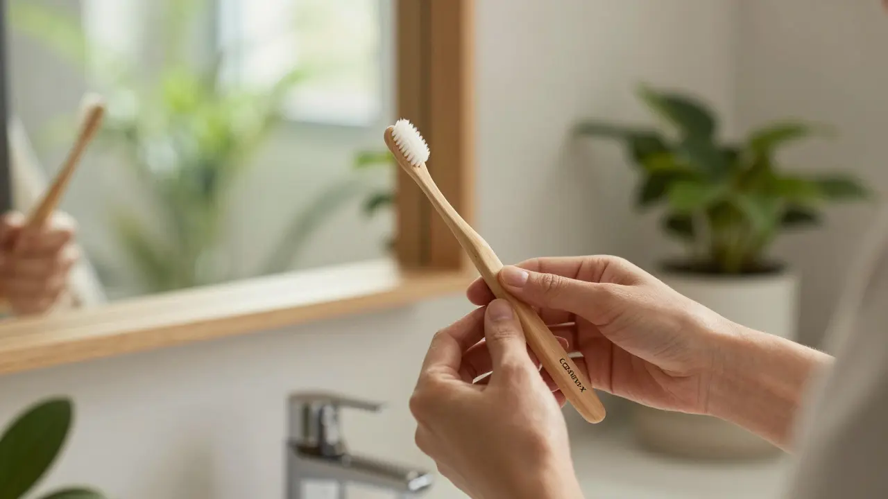 Ruční držení ekologického zubního kartáčku Curaprox v koupelně
