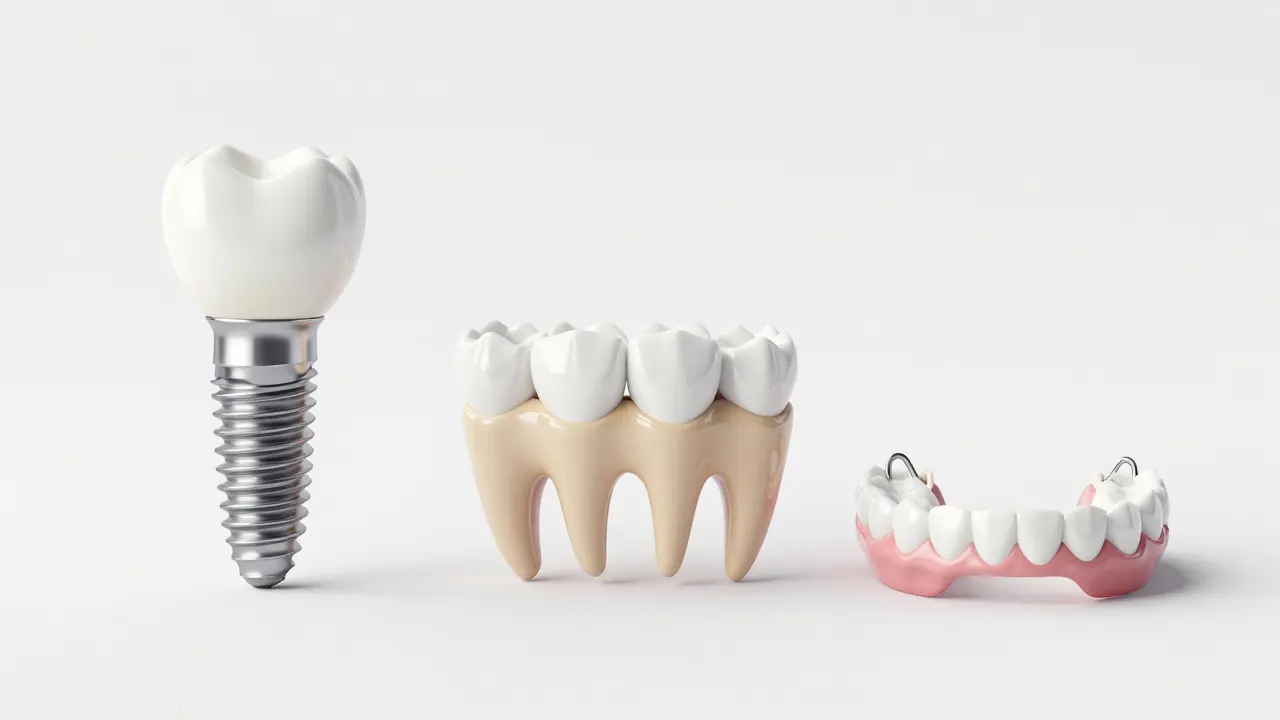 Srovnání implantátu, mostu a protézy
