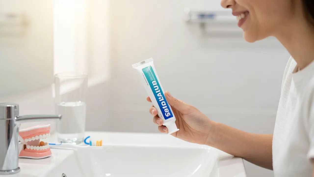 Úsměv osoby s produkty pro správnou ústní hygienu
