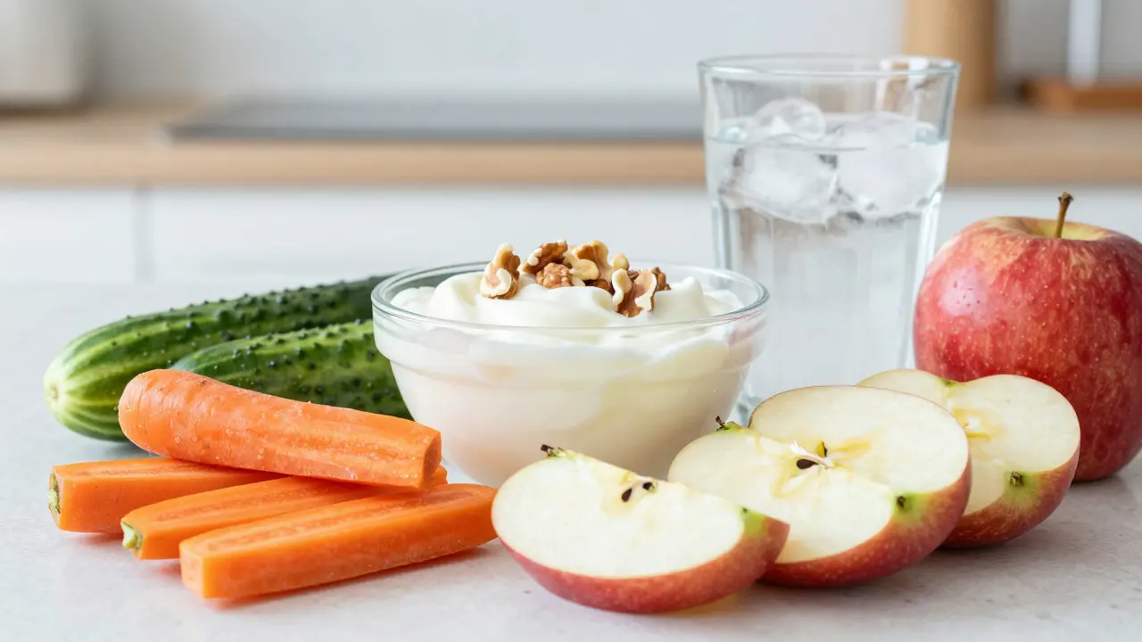 Zdravá jídla jako mrkev a jogurt pro prevenci zubního plaku