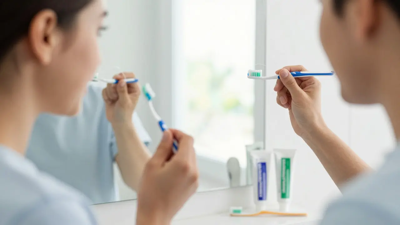 Člověk používající mezizubní kartáček a nit před zrcadlem pro prevenci zubního kazu