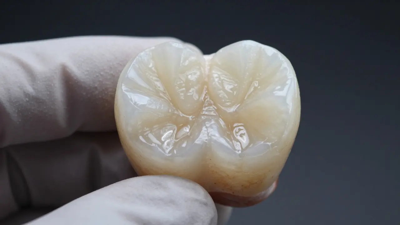 Detailní pohled na vrstvy keramické fáze ukazující průsvitnost a hloubku materiálu