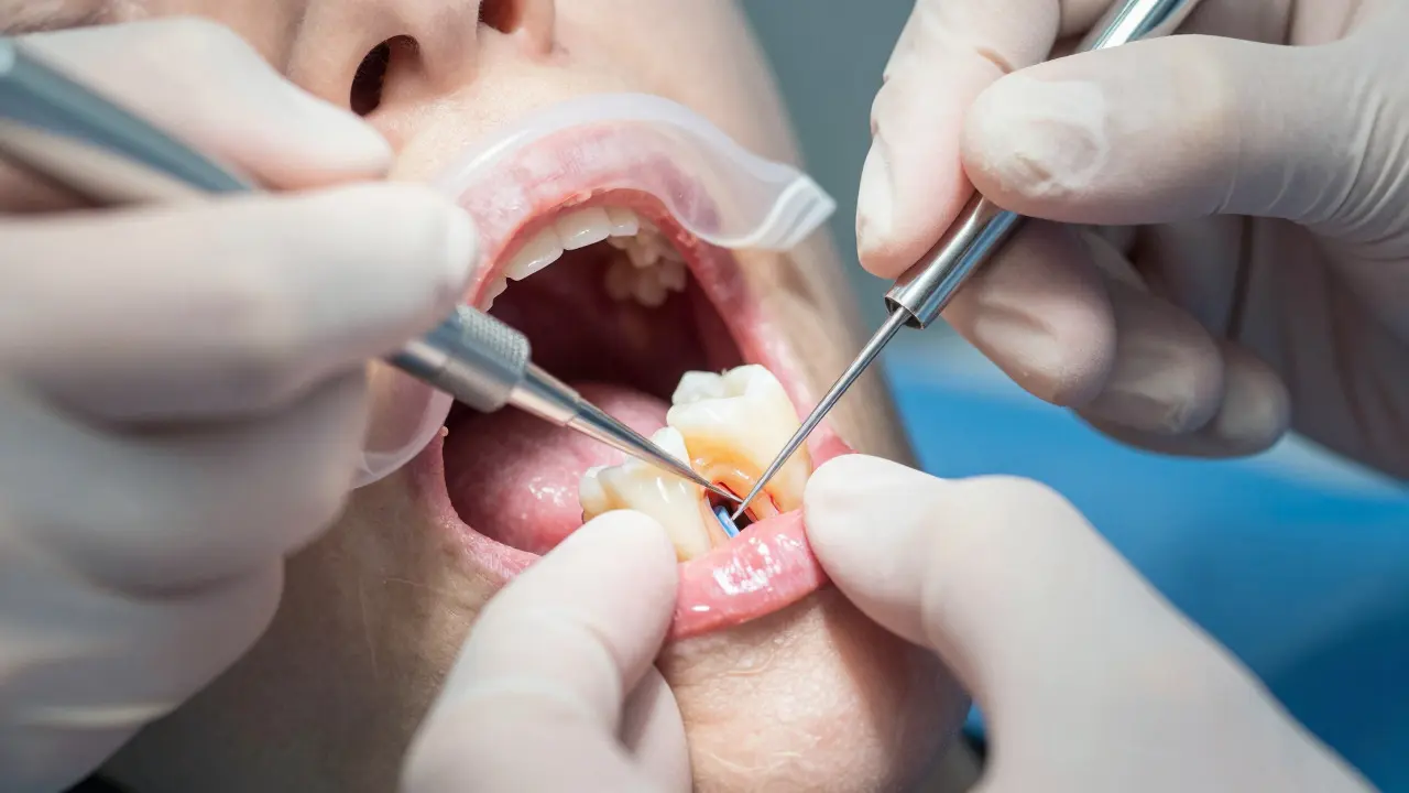 Detailní záběr na čištění kořenových kanálků pomocí mikroskopu a nástrojů.