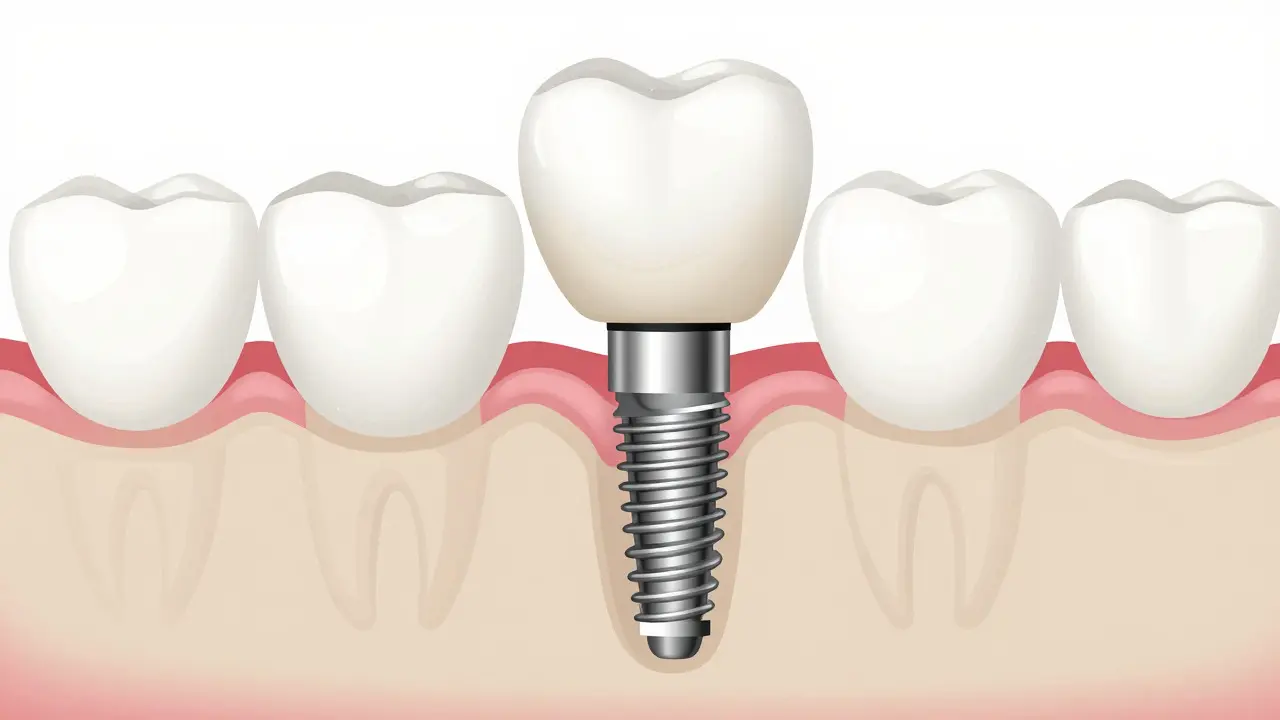 Ilustrace dentálního implantátu v čelistní kosti s korunou