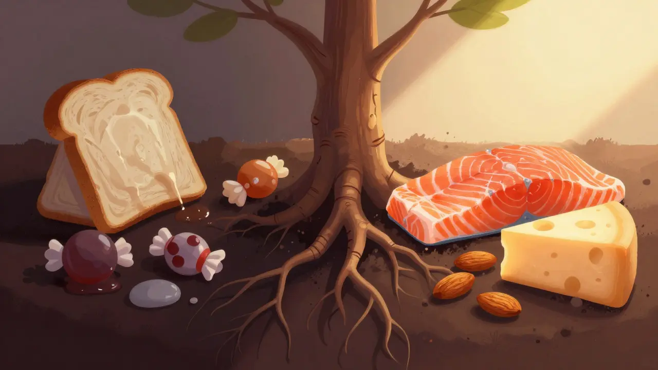 Konceptuální ilustrace ukazující rozdíl mezi škodlivými a prospěšnými potravinami pro zuby