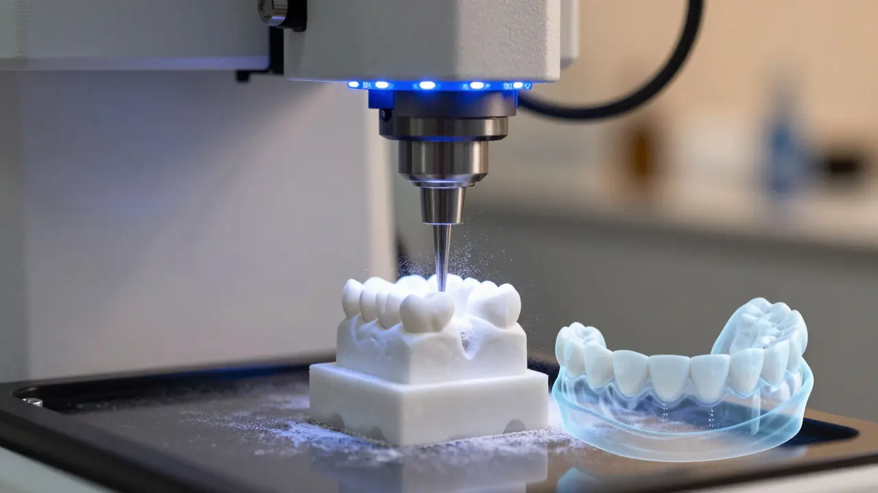 Přesné frézování zirkonového bloku v digitální zubní laboratoři