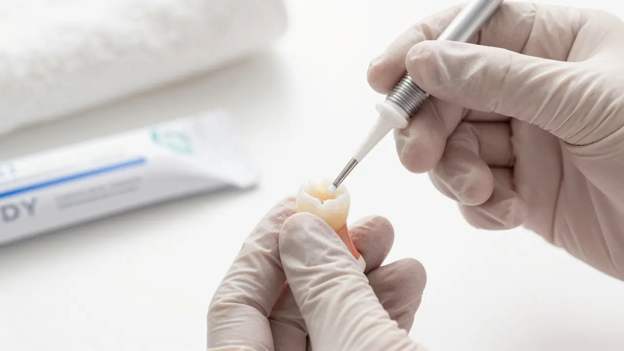 Zblízka ruka aplikuje provizorní náplň na zub pomocí nástroje