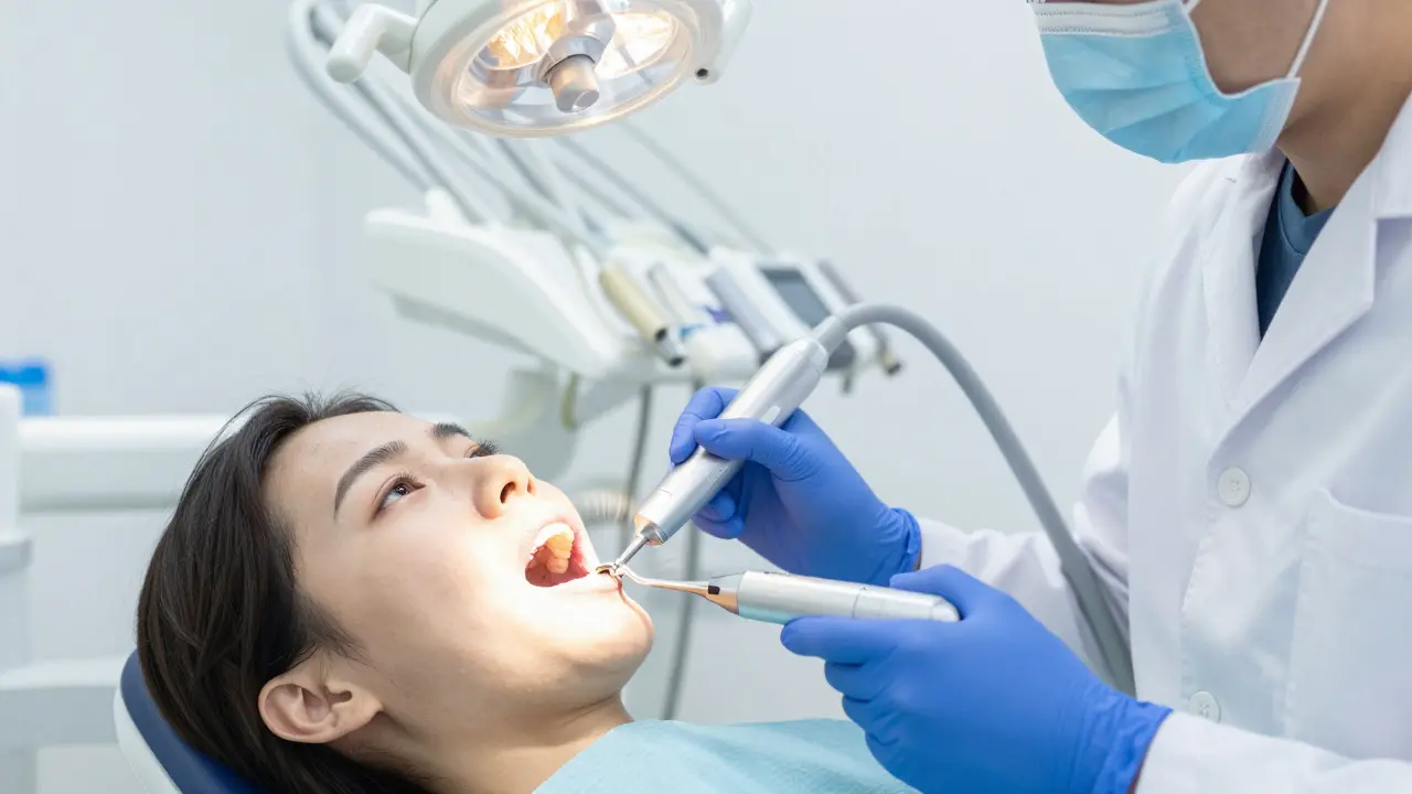 Zubař odstraňuje zubní kámen pomocí ultrazvukového scalera