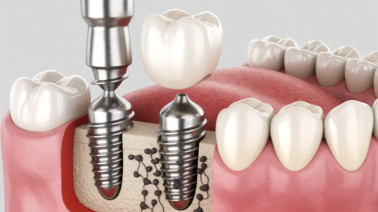 3D znázornění kroků zavádění titanového zubního implantátu a korunky