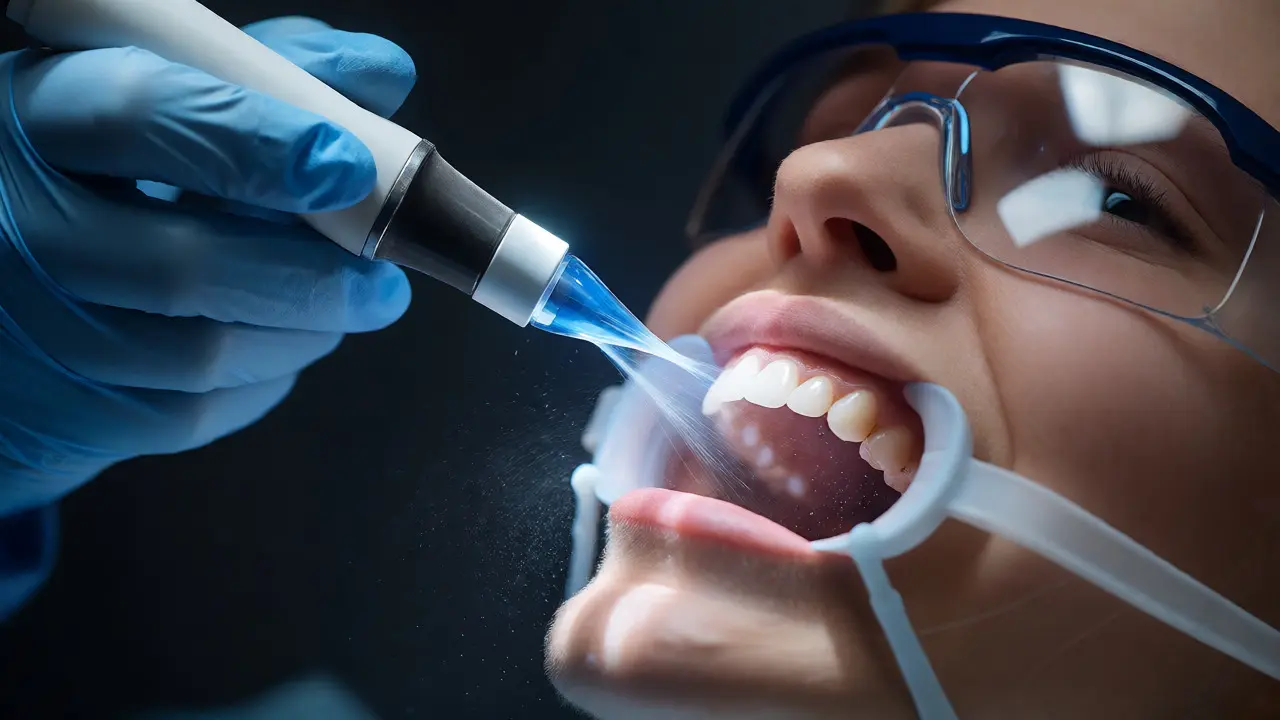 Aplikace Air Flow proudu na zuby při dentální hygieně