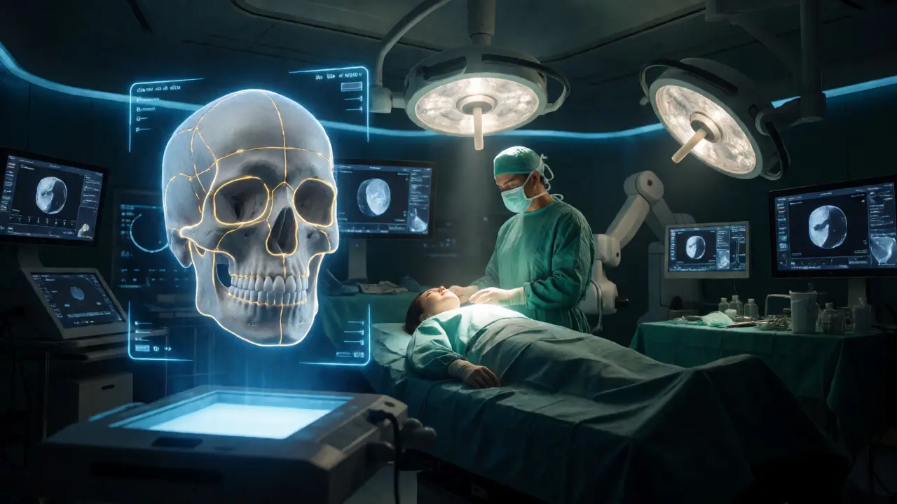 Chirurg v operačním sále s holografickým 3D modelem lebky pro plánování operace.
