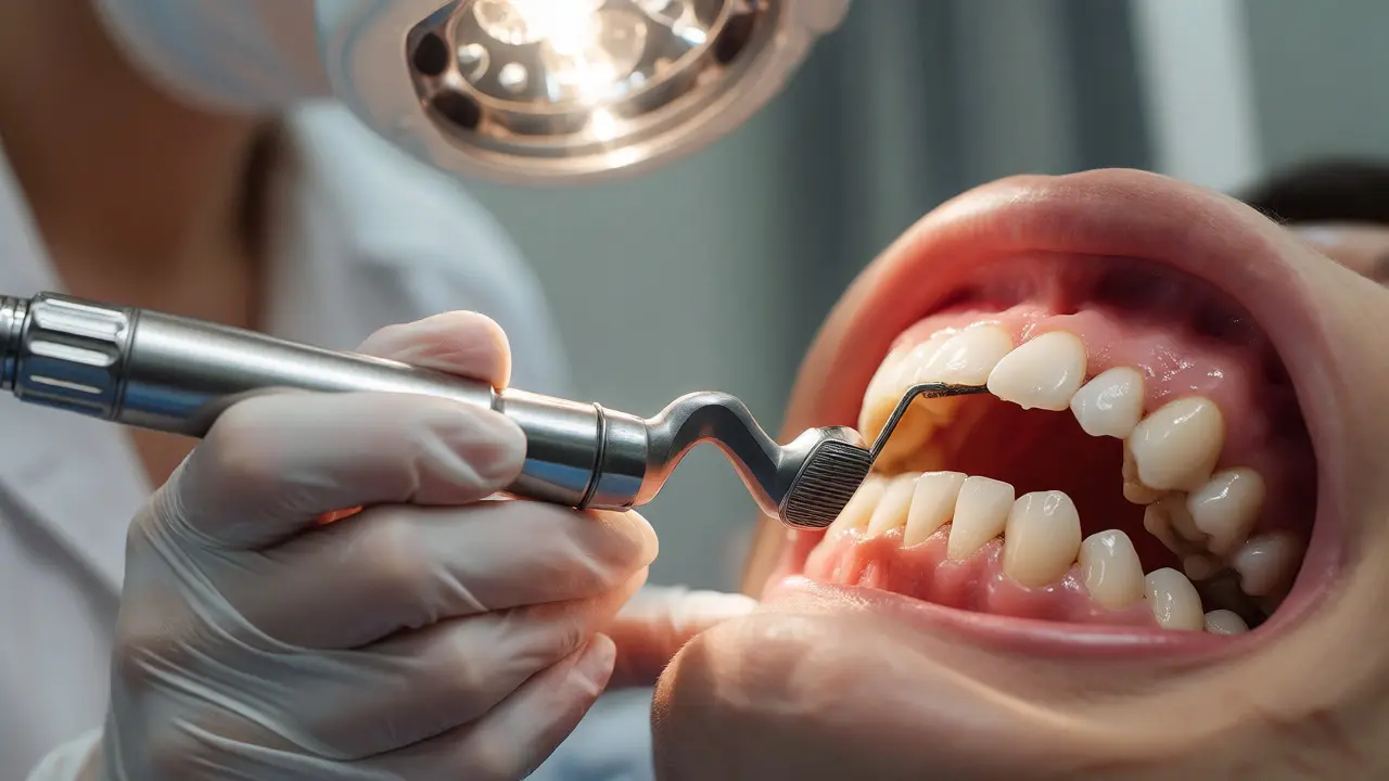 Dentální hygienistka odstraňuje zubní kámen ultrazvukovým přístrojem.