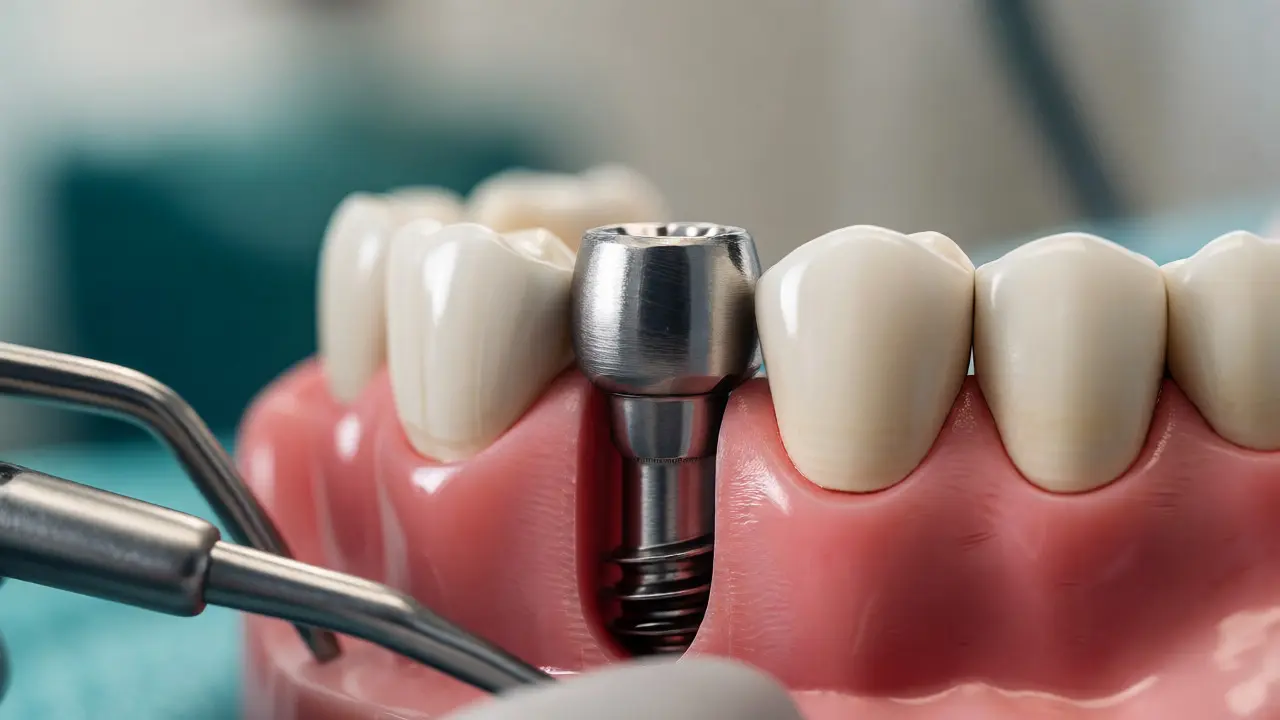 Detailní pohled na zavádění titanového zubního implantátu do kosti