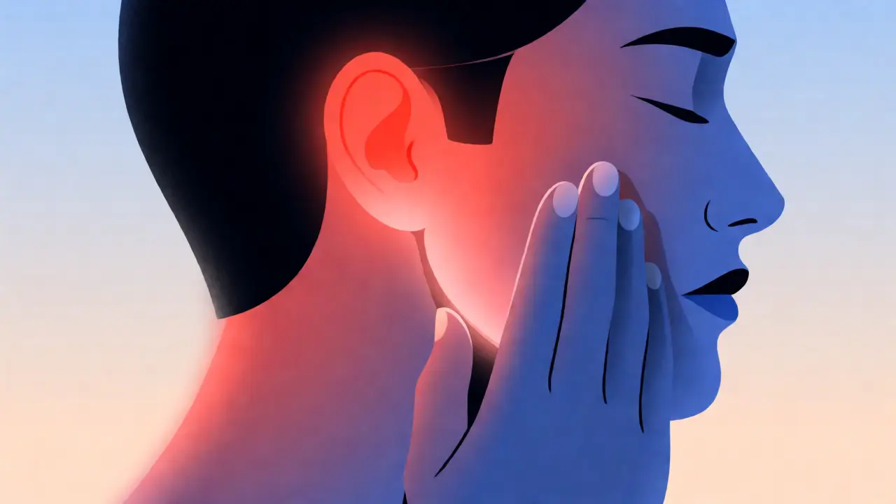 Ilustrace bolesti čelisti a spánků způsobené dysfunkcí TMJ kloubu