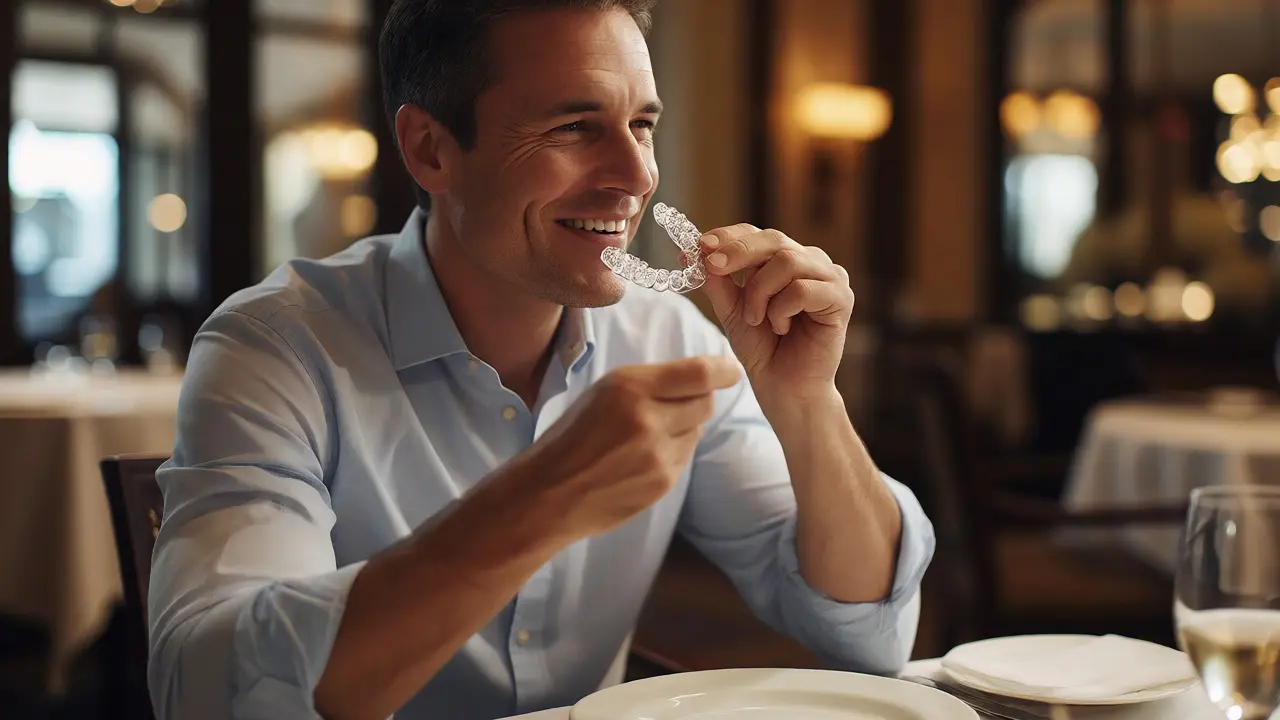 Muž v restauraci vyndává průhledná rovnátka před jídlem s klidným výrazem.
