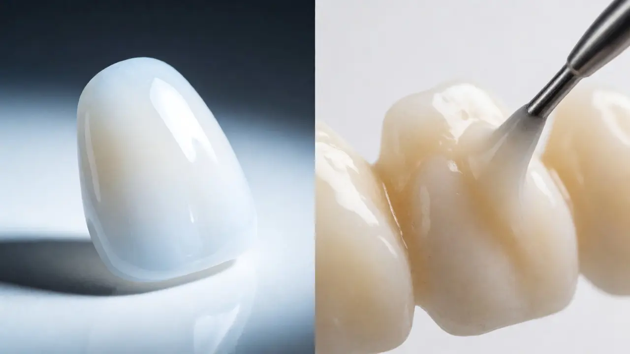 Porovnání lesklé porcelánové a matné kompozitní hmoty pro zuby.