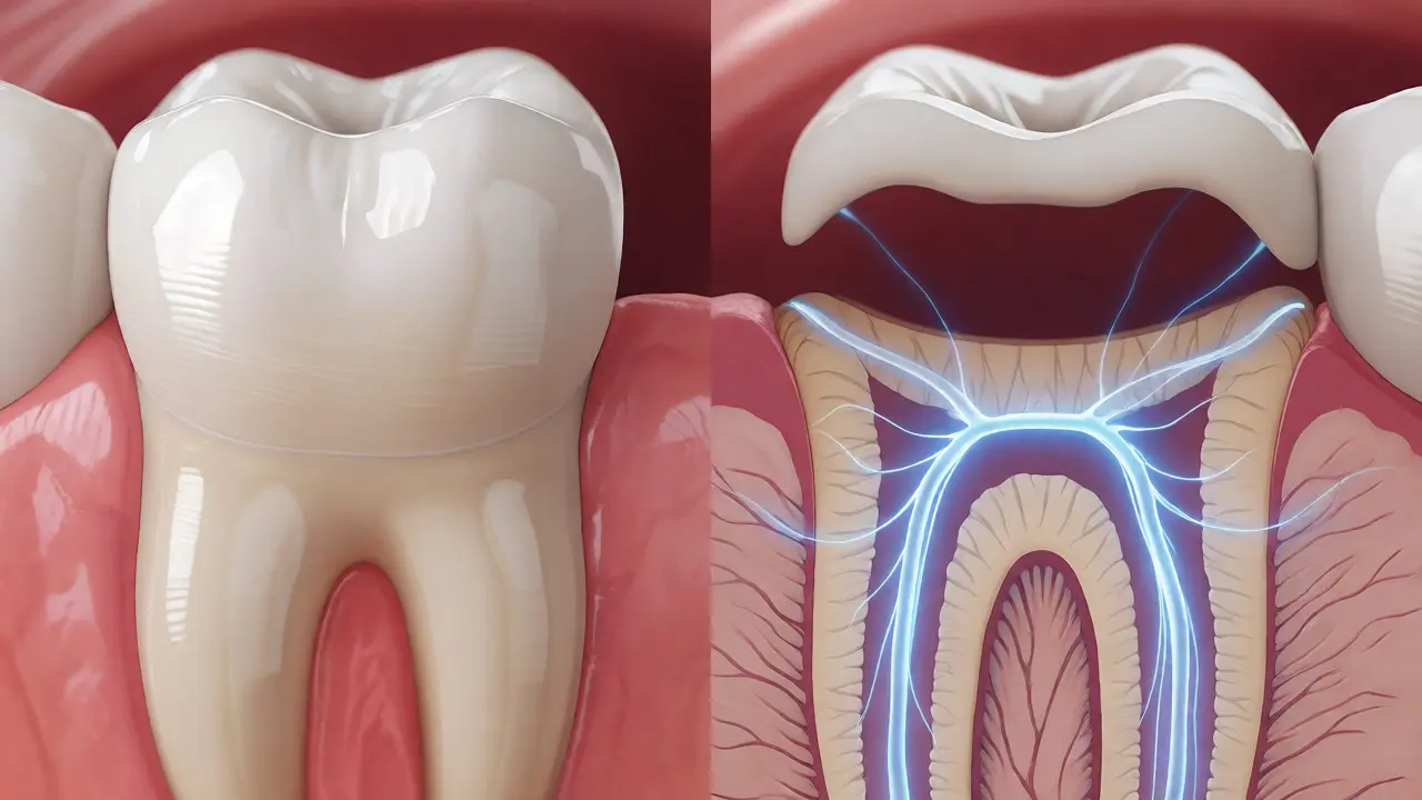 Porovnání zdravého zubu s intaktní sklovinou a zubu s odhaleným dentinem