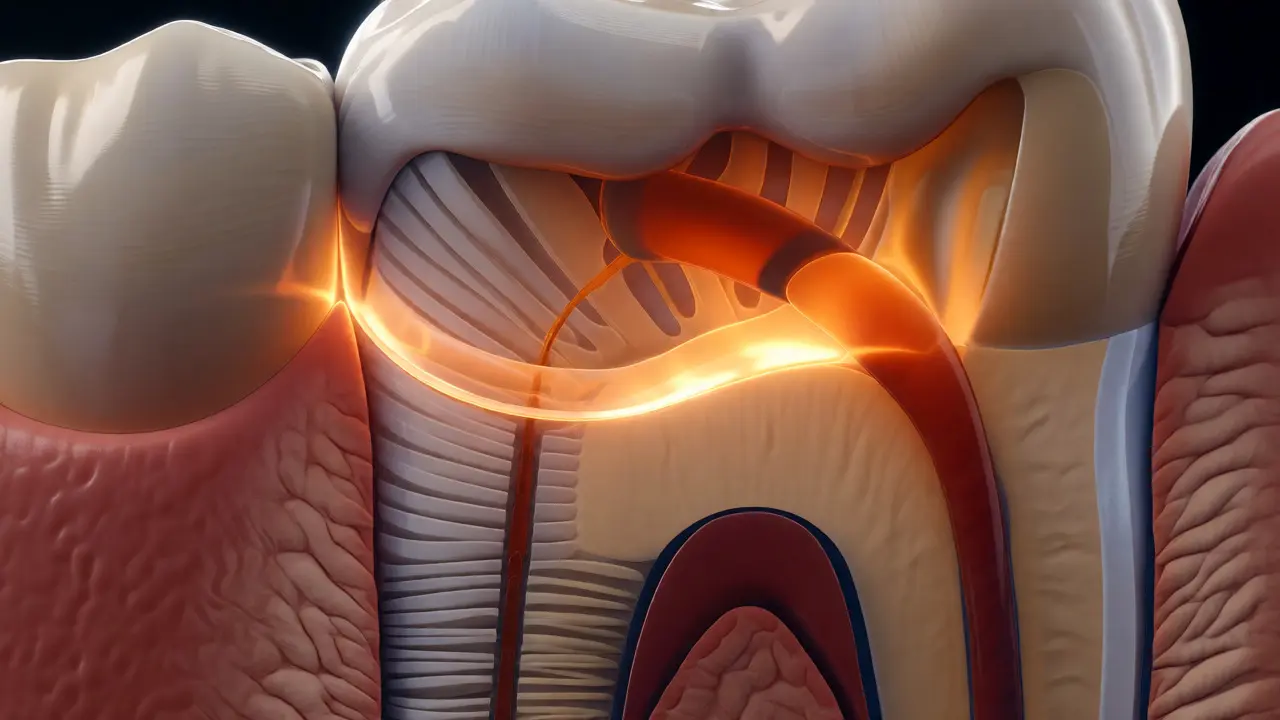 Řez zubem s tvořící se sekundární dentinem pod výplní