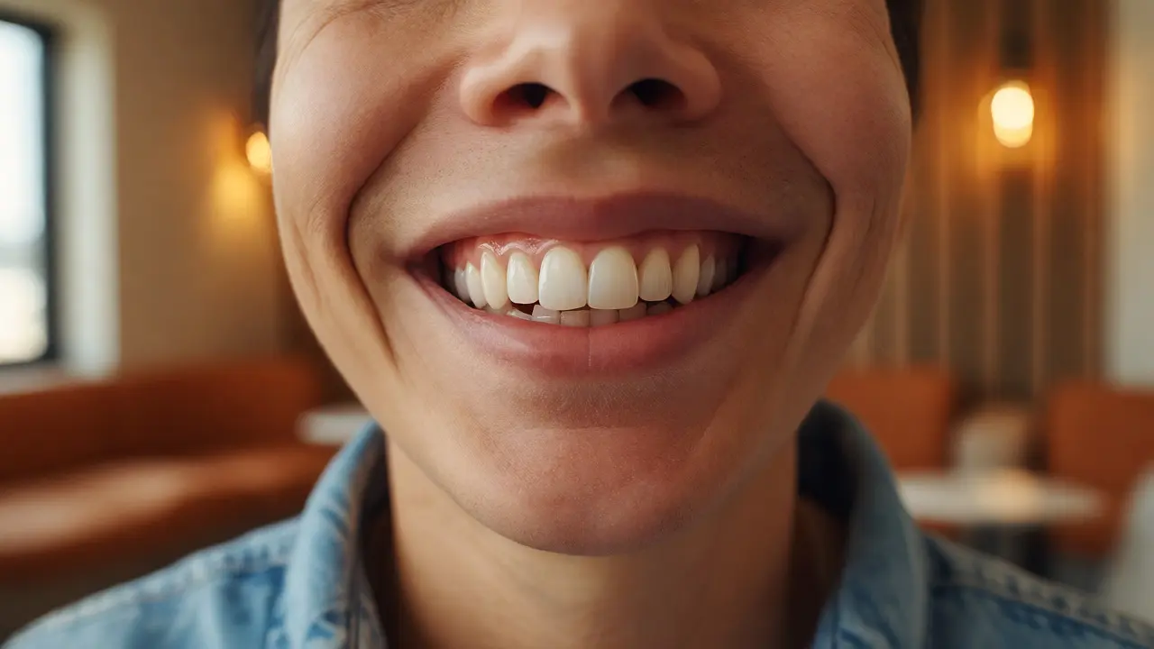 Spokojený pacient s novým keramickým zubem po dokončení léčby