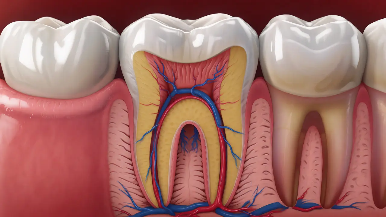 Anatomický řez zubem zobrazující sklovinu, dentin a živou dřeň s cévami.