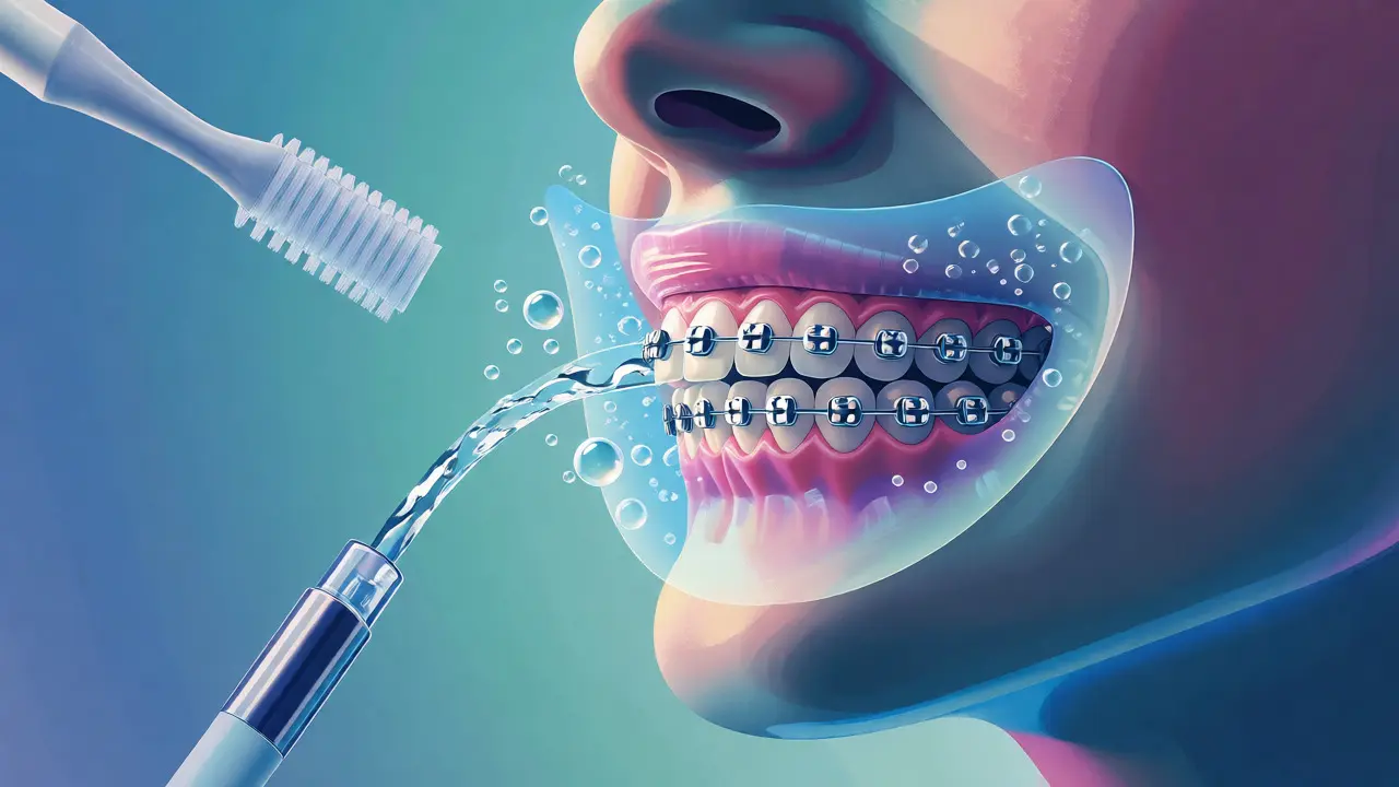 Ilustrace hygieny zubů s rovnátky pomocí pomůcek