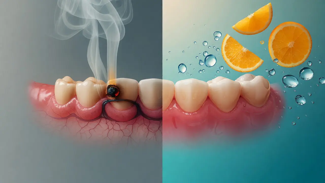 Konceptuální porovnání hojení dásní při kouření a hydrataci