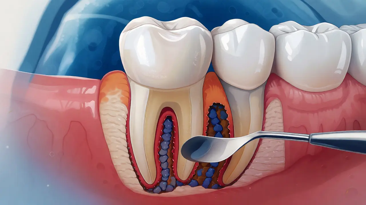 Medicínská ilustrace kyretáže a odstranění kamene z kořene zubu