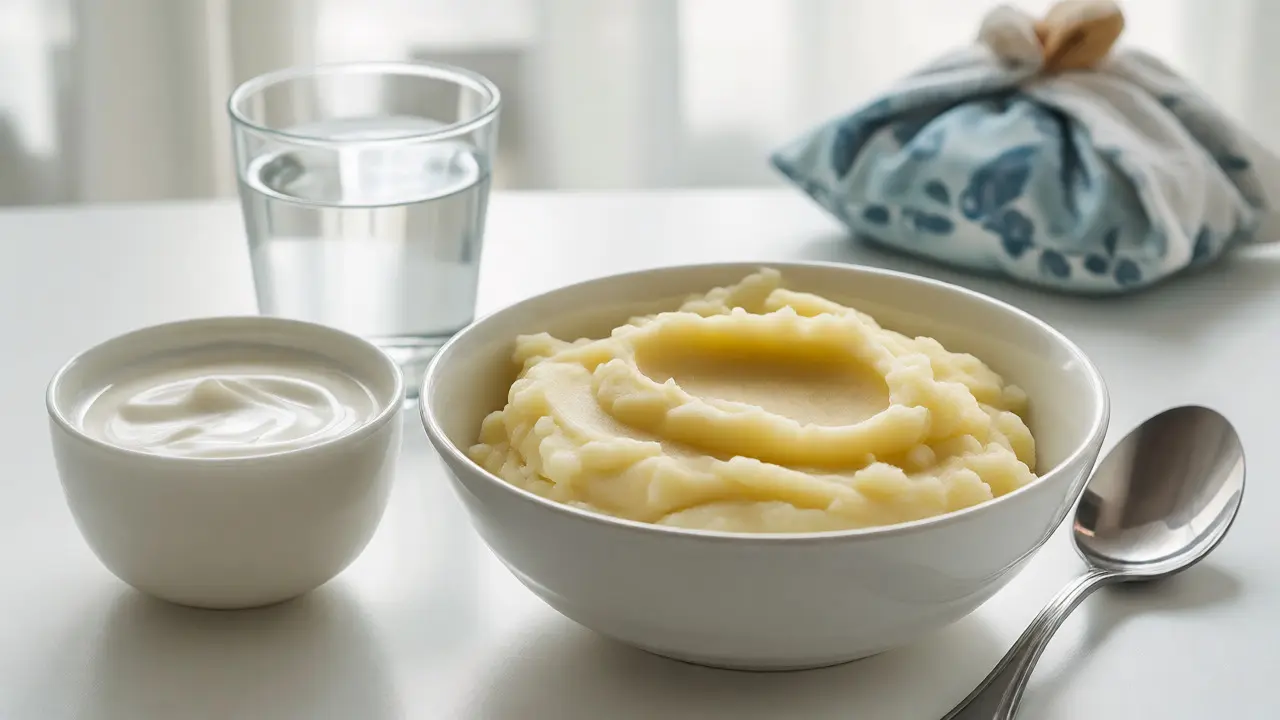 Miska bramborové kaše a jogurt jako vhodné jídlo po vytržení zubu