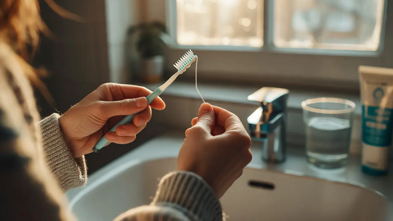 Ruce držící mezizubní kartáček a nit pro prevenci zubního kazu