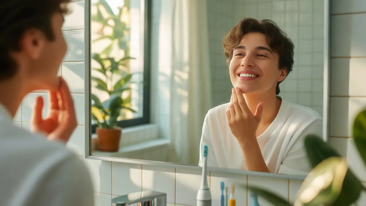 Spokojená osoba před zrcadlem po dentální hygieně se zářivým úsměvem