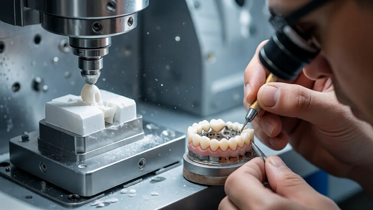 Technik v laboratoři vyrábí zubní můstek ručně i strojově