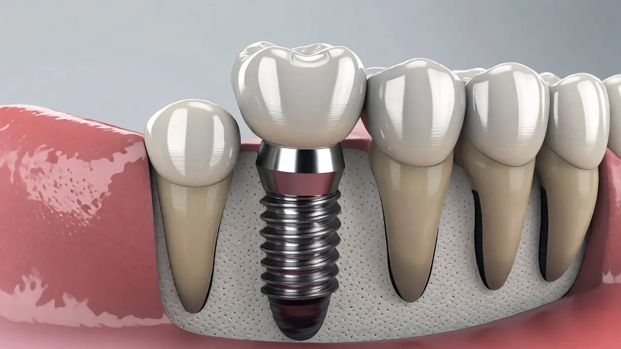 Titanový zubní implantát s keramickou korunkou zabudovaný do kosti